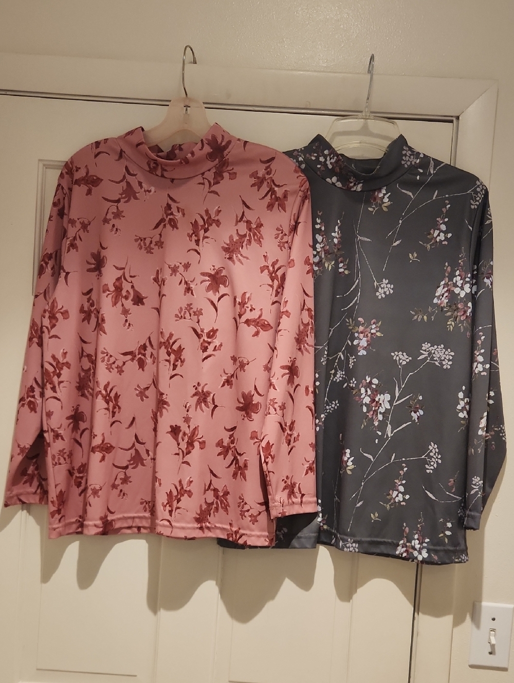 Haband Timeless Floral Mock Neck Long-Sleeve Top Duo — Pink and Charcoal 2 For 1